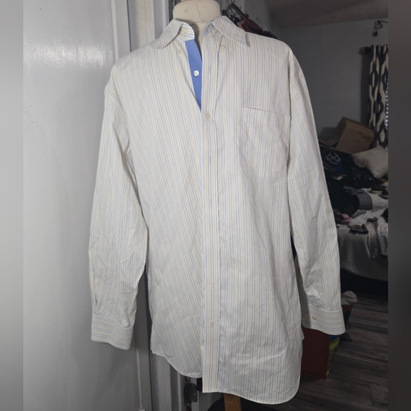 Paul Fredrick non-iron two-ply cotton pinpoint Long Sleeve Shirt Slim Fit Stripe - Picture 4 of 10